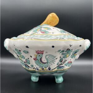 Deruta Italian Pottery Green Rooster Footed Soup Tureen Serving Dish 9” Signed